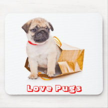 Love Pugs, Pug Puppy Dog in a Gift Bag Mousepad