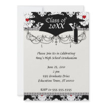 love red heart damask on white black graduation personalized announcement