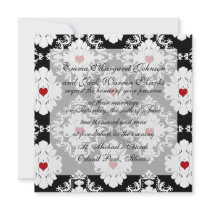 love red heart damask on white black personalised invite
