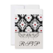 love red heart damask on white black invitation