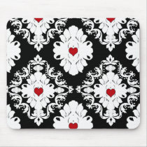 love red heart damask on white black mousepad