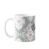love red heart damask on white black coffee mugs