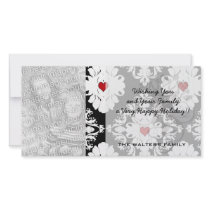 love red heart damask on white black photo card