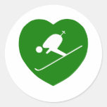 Love Skiing Green Heart Round Sticker
