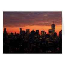 Lower Manhattan Skyline at Twilight, Pink Sky A1 Greeting Cards