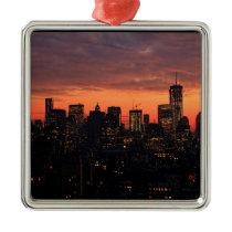 Lower Manhattan Skyline at Twilight, Pink Sky A1 Christmas Ornaments