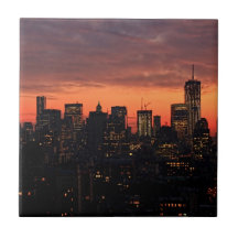 Lower Manhattan Skyline at Twilight, Pink Sky A1 Tile