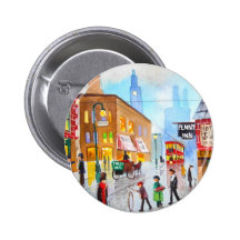 Lowry inspired busy street scene painting tram pinback buttons