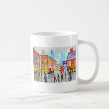 Lowry inspired busy street scene painting tram coffee mugs