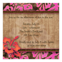 Luau Party Invitation Hibiscus Pink Brown Orange
