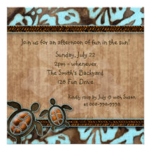 Luau Party Invitation Turtle Blue Brown