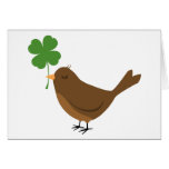 Lucky bird holding a four leaf clover card