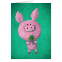 Lucky pig with lucky four leaf clover card