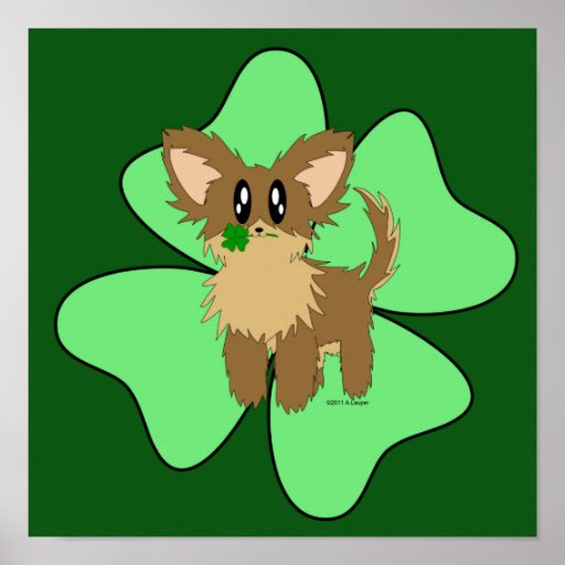 Lucky Puppy Dog holding a Four Leaf Clover Posters Zazzle