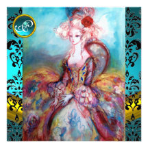 MADAME POMPADOUR,BLUE BLACK DAMASK FLOWER MONOGRAM CUSTOM ANNOUNCEMENTS