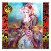 MADAME POMPADOUR ,RED BLACK DAMASK FLOWER MONOGRAM PERSONALIZED INVITATION