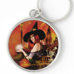 Magical Night Witch Round Silver Keychain