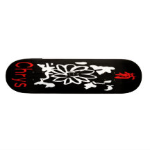 Mahjong Chrysanthemum Flower, Red & White on Black Skateboards