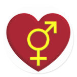 Male and female sex symbols with heart stickers