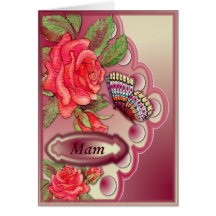 Mam with red roses and butterfly on cream and pink greeting cards