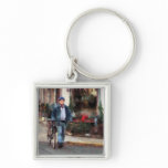Man Crossing Street With Bicycle Keychain