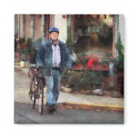 Man Crossing Street With Bicycle Refrigerator Magnet