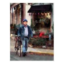 Man Crossing Street With Bicycle Post Card