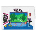 Man relaxing in a bathtub blowing bubbles cards