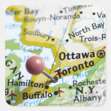Map pin placed on Toronto, Canada on map, Square Stickers