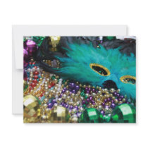 Mardi Gras Beads & Green Feather Mask Invite
