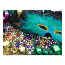 Mardi Gras Beads & Green Feather Mask Invite
