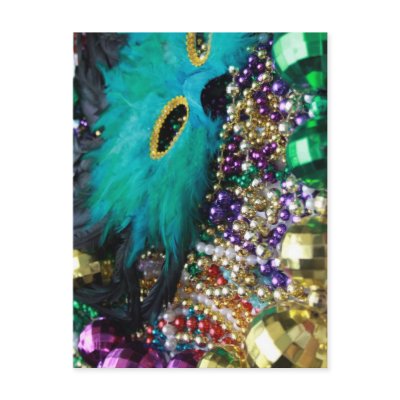 Mardi Gras Beads & Green Feather Mask Postcard by donnabellas