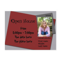 maroon (red) and grey open house invitation