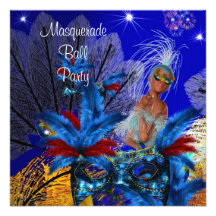 Masquerade Ball Party Mask Blue Yellow ShowGirl Personalised Invite