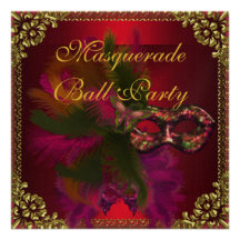Masquerade Ball Party Masks Gold Deep Red Personalized Invitations