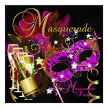 Masquerade Party Masks Black Gold Pink Personalized Invitation