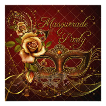 Masquerade Party Red Masks Gold Black Birthday Personalized Invitation