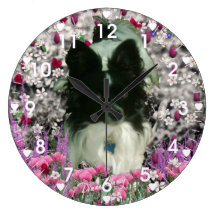 Matisse in Flowers - White & Black Papillon Dog Wallclocks