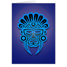 Mayan Mask Design, Blue Greeting Card