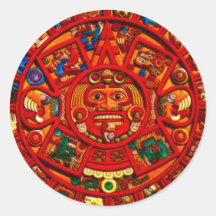 MAYAN Sun Calendar of Mexico (Red version) Round Stickers