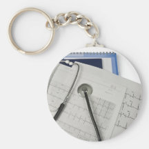 medical stethoscope on cardiogram EKG readings Key Chain