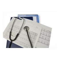medical stethoscope on cardiogram EKG readings posters