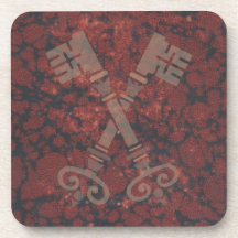 Medieval 21st keys against dark red marble drink coaster