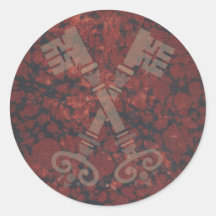 Medieval 21st keys against dark red marble round sticker
