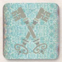 Medieval 21st keys against vintage blue pattern drink coasters