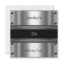 Mens 21st Birthday Party Metal Black Silver Invite