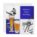 Mens 50th Birthday BlueCheck Retro Girl PINUP Beer Custom Invitations