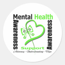Mental Health Awareness Heart Butterfly Ribbon Round Stickers