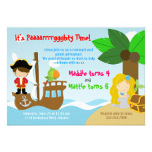 Mermaid and Pirate Twins Joint Birthday Party Custom Invite