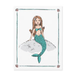 Mermaid sitting on a rock, seashell frame postcard